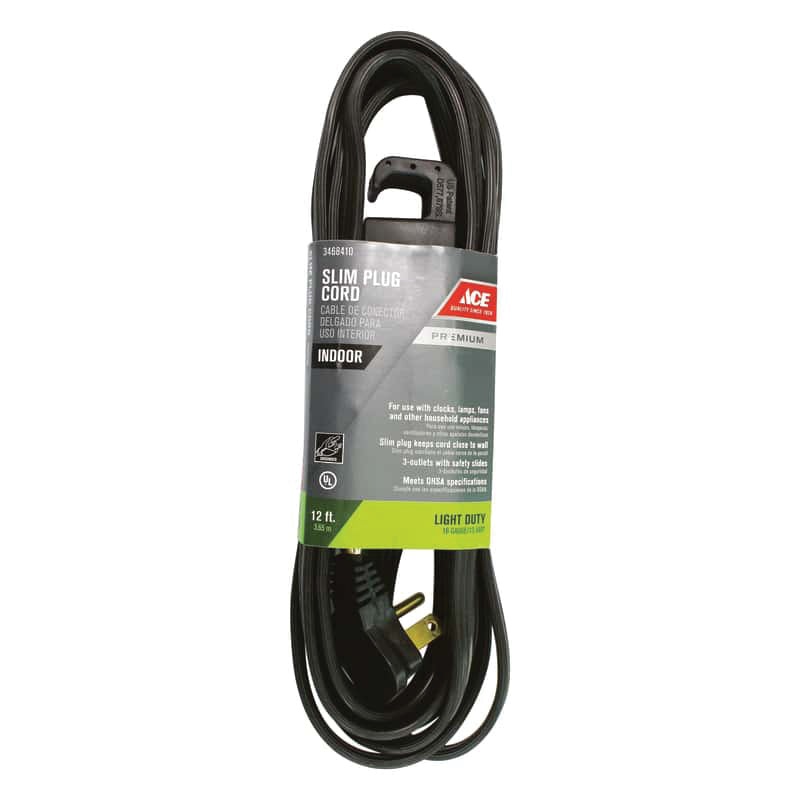 ACE INPH163SPT312BK Extension Cord, 125 V, 3-Conductor, STP-3 Conductor, 16 AWG Conductor, 12 ft L