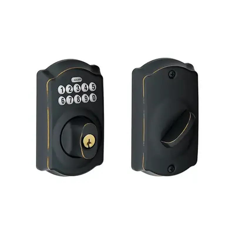 Schlage Residential BE365 CAM 716 Camelot Electronic Keypad Deadbolt C Keyway with 12287 Latch and 10116 Strike Aged Bronze Finish