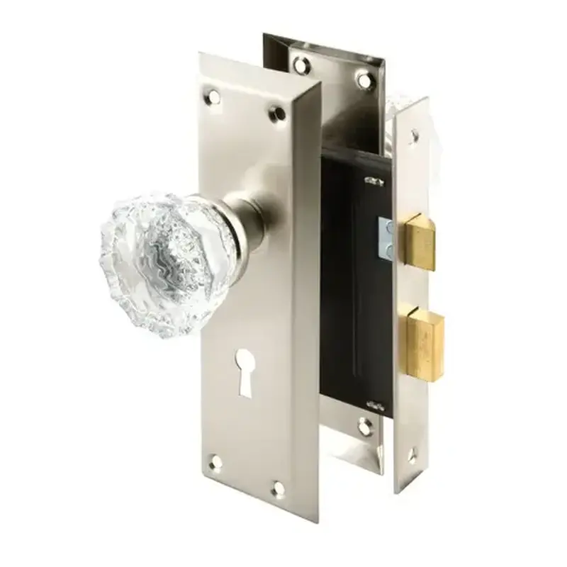 Prime-Line E 2496 Satin Nickel Keyed Mortise Entry Lock Set With Glass Knob Plated