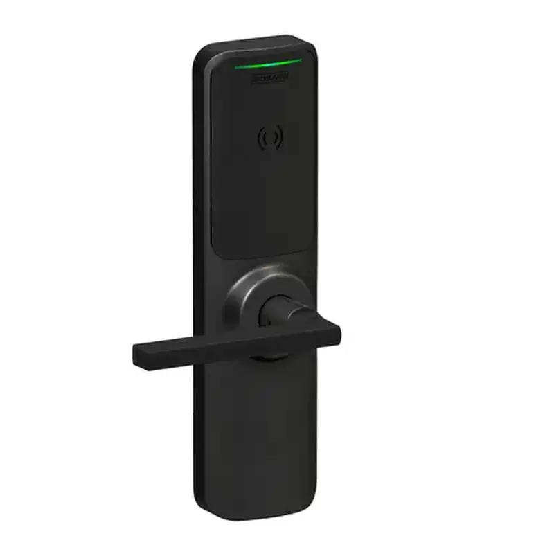Schlage Electronics XE360EW22ROFBSMP6LAT622 XE360 Series Wireless Exit Trim with Wide Escutcheon for Von Duprin 22 Rim Device, Offline Push Button Function with Smart Mobile Reader, Latitude Lever, and 6 Pin C Keyway Matte Black Finish