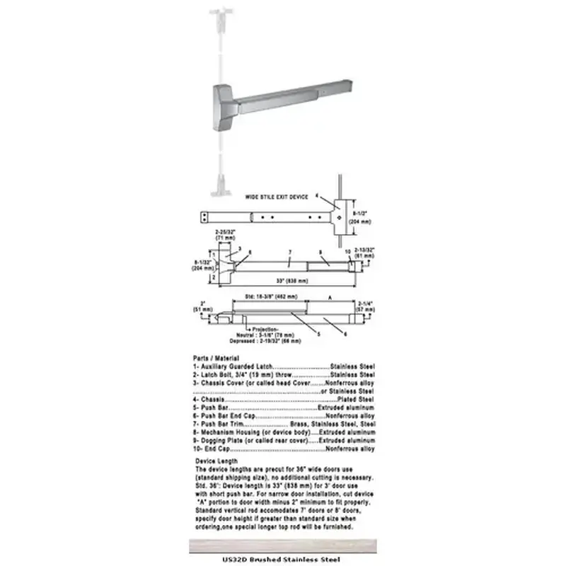 International Door Closers 8650S/8850S-US32D-36 Grade 1 CVR Panic Exit Device US32D Finish 36" Satin Stainless Steel