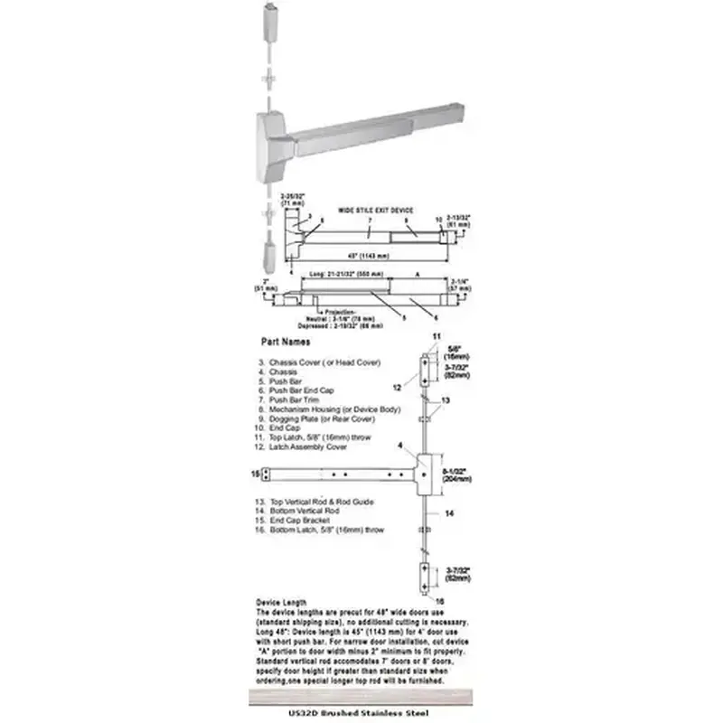 International Door Closers LBR8630F/8830F-US32D-48 Grade 1 Fire Rated Surface Rod Panic Exit Device US32D Finish 48" Satin Stainless Steel