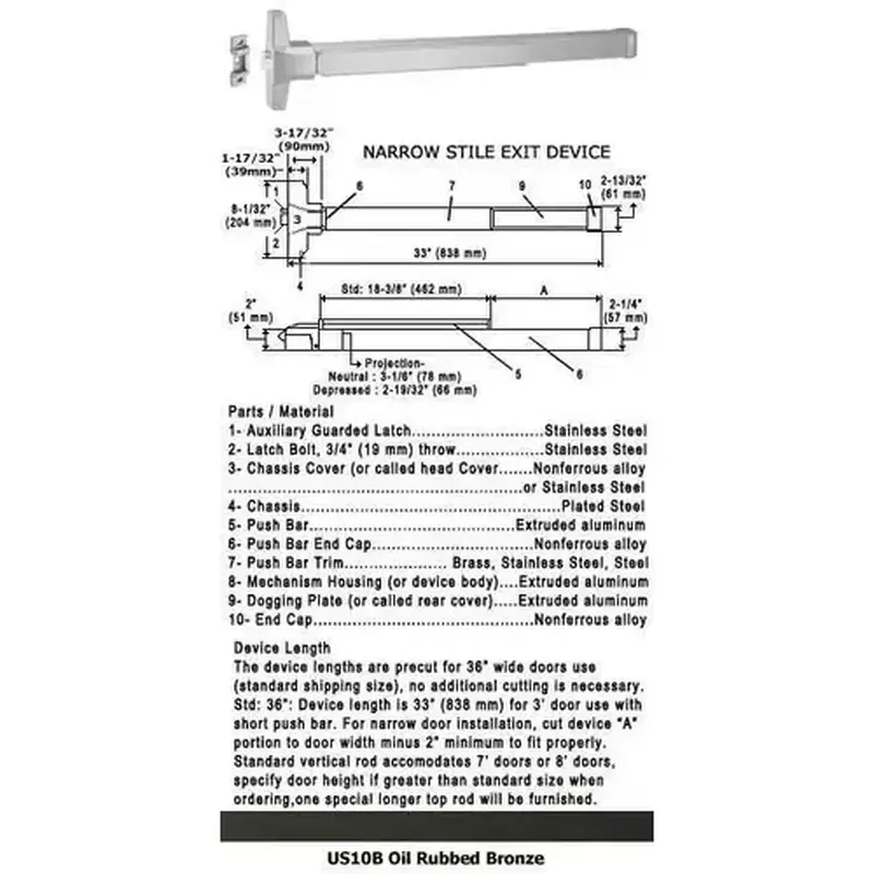 International Door Closers 8510F/8710F-US10B-36 Grade 1 Fire Rated Narrow Stile Push Bar Rim Panic US10B Finish 36" Dark Oxidized Satin Bronze