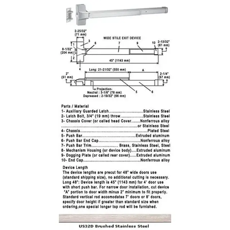 International Door Closers 8610F/8810F-US32D-48 Grade 1 Fire Rated Push Bar Rim Panic Exit Device US32D Finish 48" Satin Stainless Steel