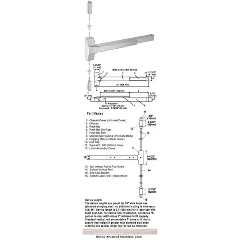 International Door Closers 8630F/8830F-US32D-36 Grade 1 Fire Rated Surface Rod Panic Exit Device US32D Finish 36" Satin Stainless Steel
