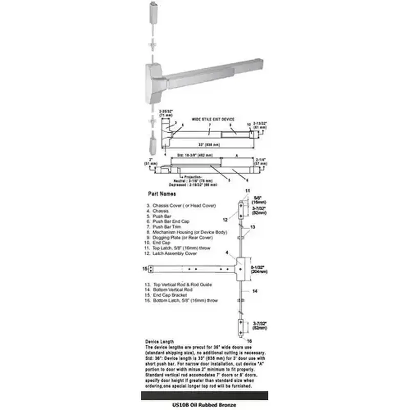 International Door Closers LBR8630F/8830F-US10B-36 Grade 1 Fire Rated Surface Rod Panic Exit Device US10B Finish 36" Dark Bronze