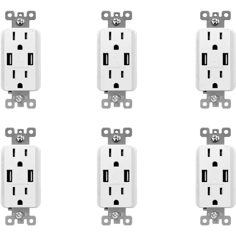 3.6 Amp Dual USB Charger and 15 Amp Receptacle, White (6-Pack)White / 1.71 / 6