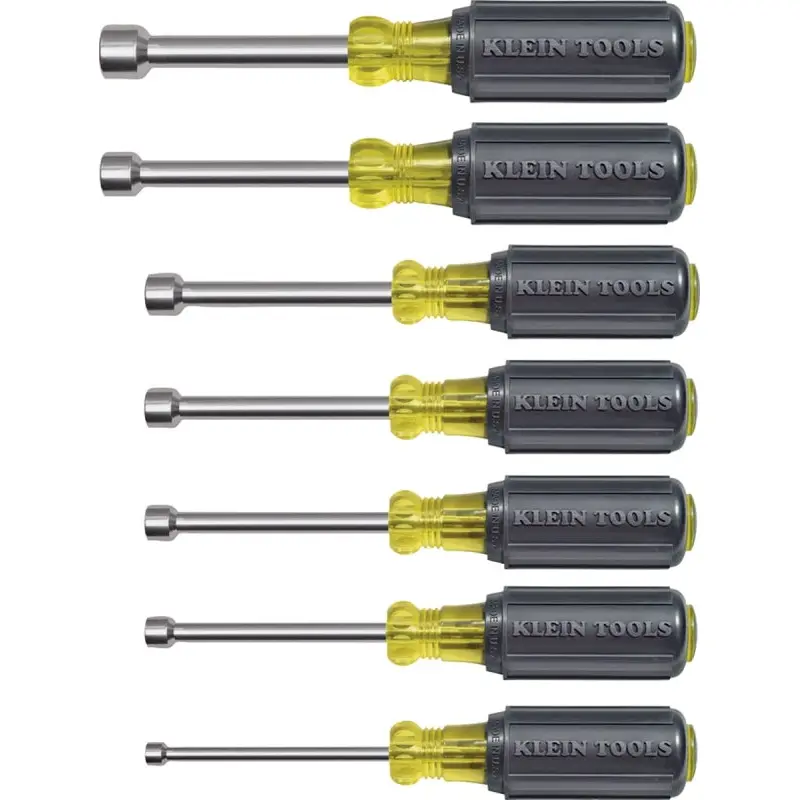 Klein Tools 631 Nutdriver Set, 7-Piece, Steel, Chrome, Black, Specifications: 3 in Shank