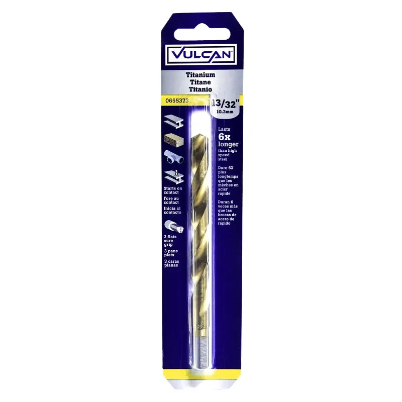 Vulcan 220551OR Jobber Drill Bit, 13/32 in Dia, 5-1/4 in OAL, 3-Flat, Reduced Shank