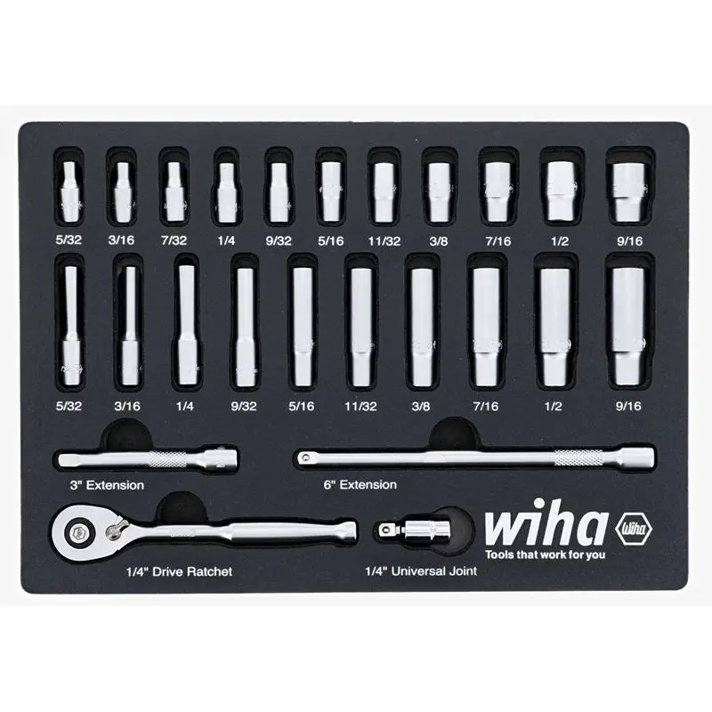 WIHA 33396 25 Piece 1/4 Drive Professional Standard and Deep Socket Tray Set - SAE