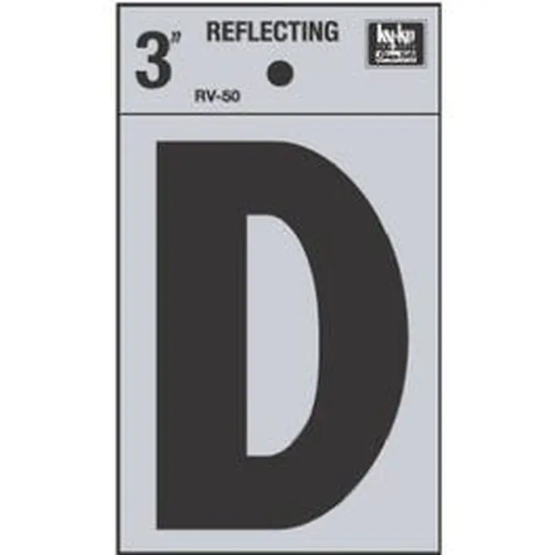 Address Letters, "D", Reflective Black/Silver Vinyl, Adhesive, 3-In.