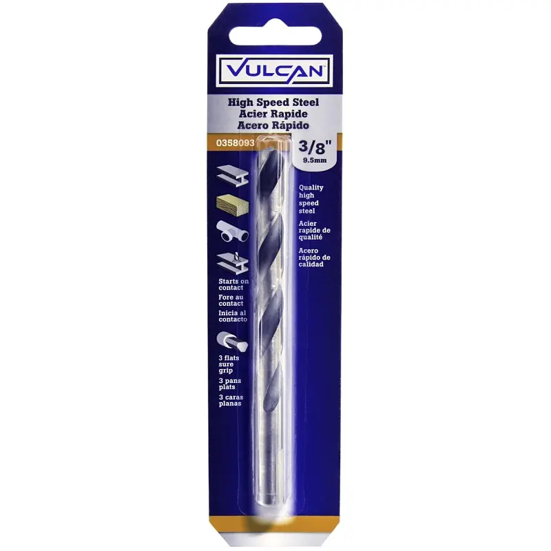 Vulcan Jobber Drill Bit, 3/8 in Dia, 5 in OAL, 3-Flat Shank