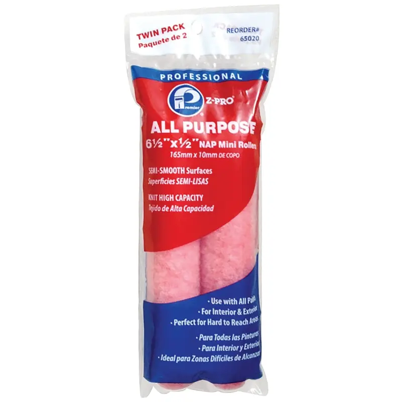 Premier 65020 Mini Roller Cover, 1/2 in Thick Nap, 6-1/2 in L, Fabric Cover, Pink