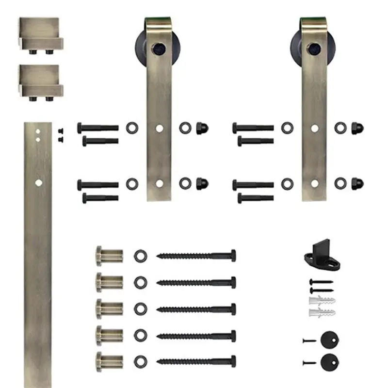 96 in. Antique Brass Hook Strap Rolling Door Hardware Kit for Wood Door