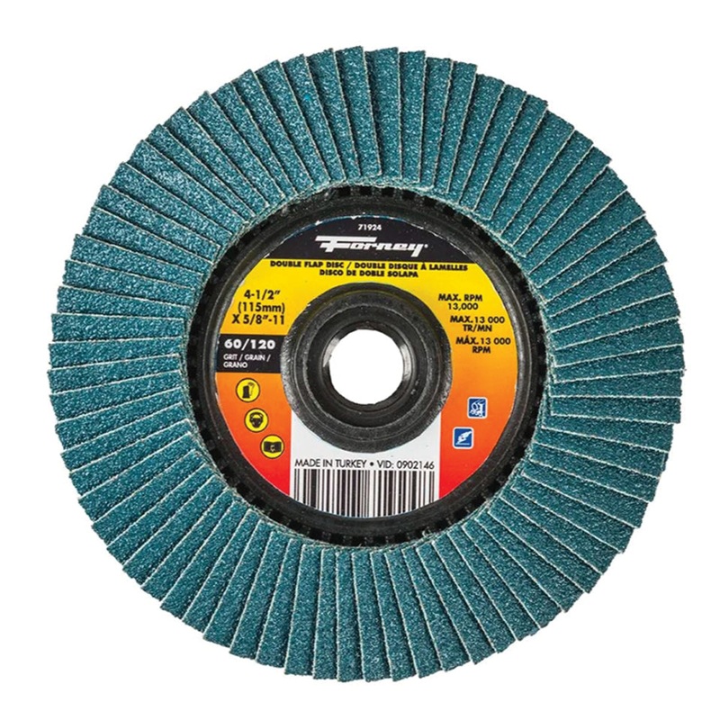 Forney 71924 Double-Sided Flap Disc, Type 29 Disc, 4-1/2 in Dia, 5/8-11 Center Hole, 60, 120 Grit, Fine, Medium Grit