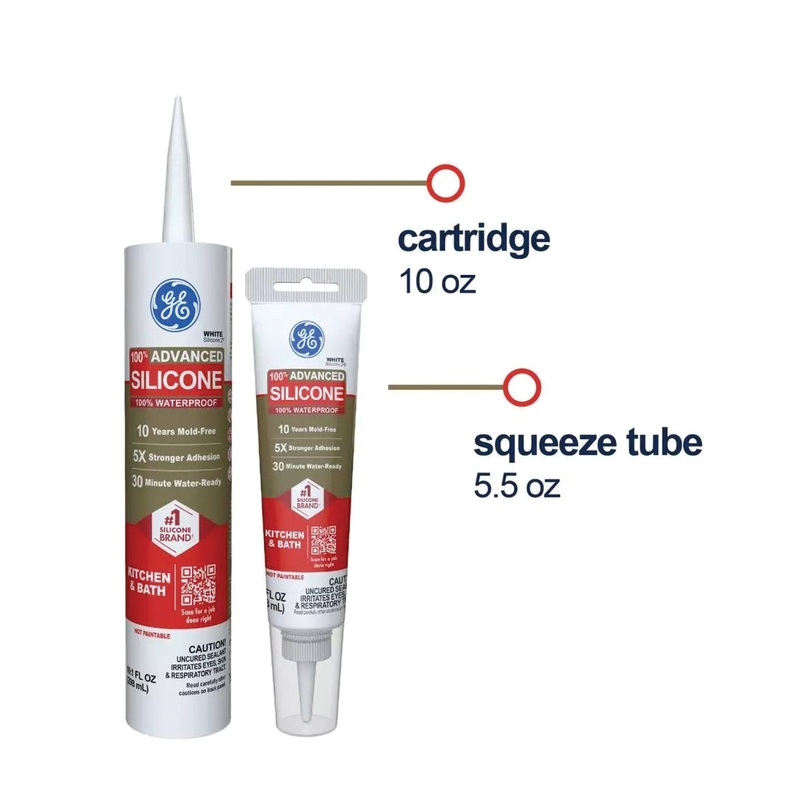 GE Sealants Silicone 2 2812608 Advanced Kitchen and Bath Sealant, Solid, White, Light Alcohol, 24 hr Curing, 298 mL